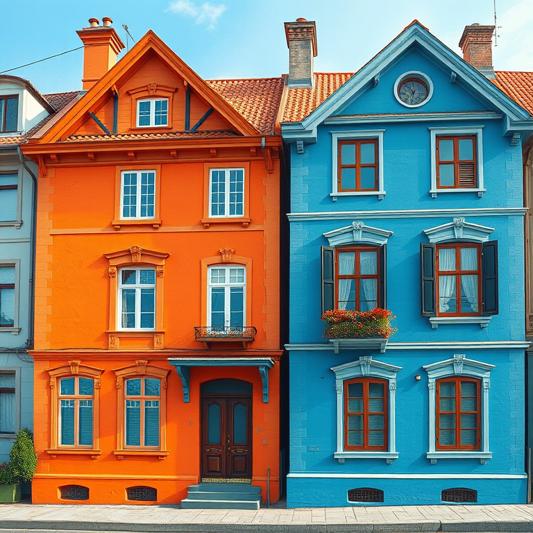 Create a highly detailed digital illustration of two colorful houses, one in orange and the other in blue, capturing intricate architectural features and textures, using a wide-angle lens at f/8 aperture, 24mm focal length, in natural light with a soft focus background for enhanced depth, in a digital art style.