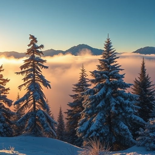 Capture a winter mountain landscape with a focus on frosted pine trees, mist rising from the ground creating a mystical atmosphere, use a DSLR camera with a 50mm lens, aperture f/2.8, ISO 200, and a shutter speed of 1/250 sec, shooting from a slightly elevated viewpoint during the golden hour for enhanced lighting.