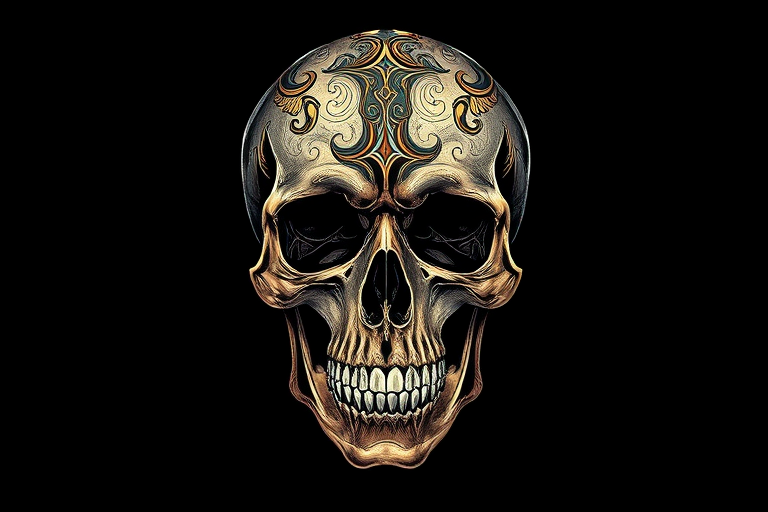 Create a detailed digital illustration of a skull with intricate features, centered on a black background, using a Canon EOS R5 camera with a 50mm lens, aperture set to f/1.8, ISO 100, and a shallow depth of field for sharp detail and smooth bokeh effects.