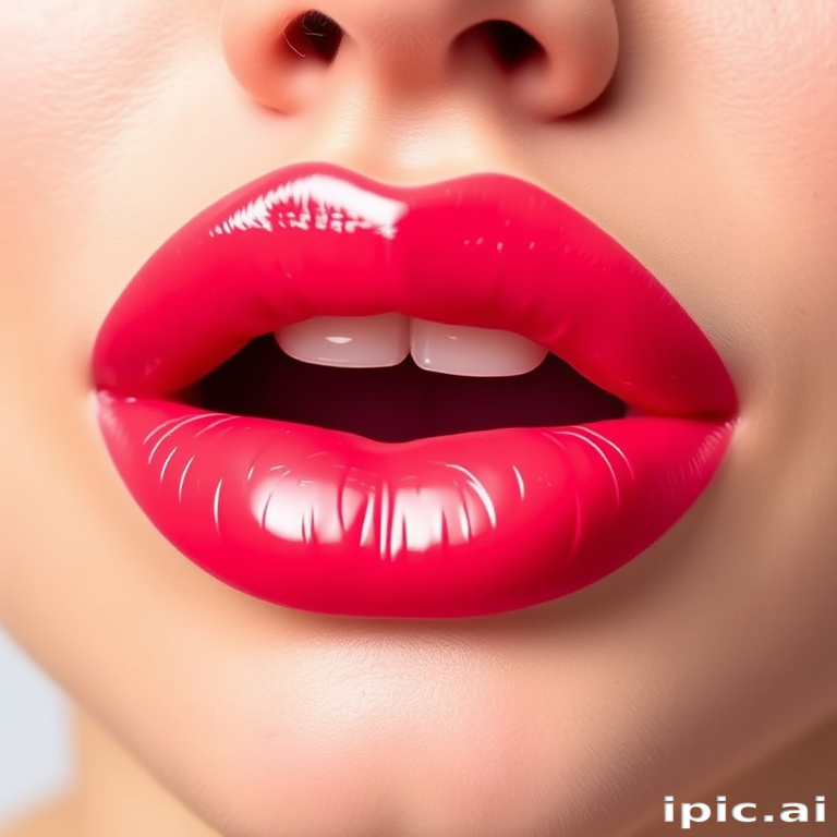 Playful "Watermelon Sorbet" lips boasting a bright, glossy pink-red hue, perfectly moisturized and plumped for a juicy appearance