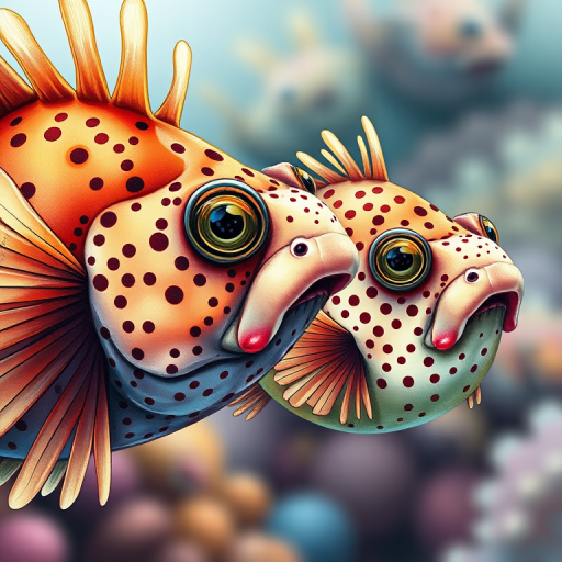 create a highly detailed illustration of two pufferfish, one facing left and one facing right, with vibrant colors and smooth textures, using a DSLR camera with a 50mm lens, f/2.8 aperture, ISO 100, natural lighting, shallow depth of field to focus on the fish, capturing intricate details and patterns in their skin and fins