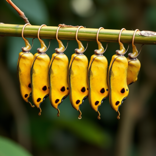 Generate an image of a row of colorful butterfly chrysalises hanging from a bamboo stick. The chrysalises should display various shades of yellow with black spots and markings, showcasing the transformation process of butterflies in a natural setting. The background should be softly blurred to emphasize the chrysalises.