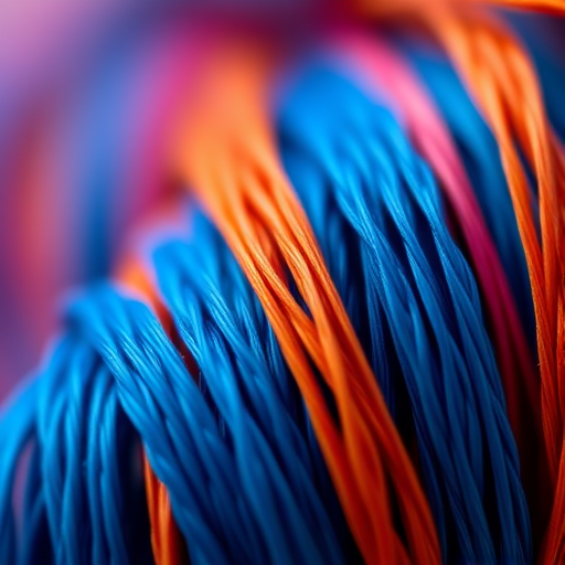 macro shot of colorful threads in vibrant shades of blue, orange, and red, shallow depth of field, 35mm lens, f/2.8, ISO 100, natural lighting, DSLR camera