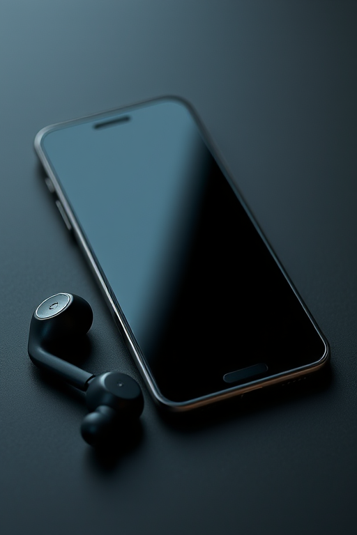 Create a high-resolution image of a sleek smartphone with two black earbuds next to it, using a Canon EOS 5D Mark IV, f/2.8 aperture, ISO 100, 50mm lens, and a soft-focus background to enhance image quality.