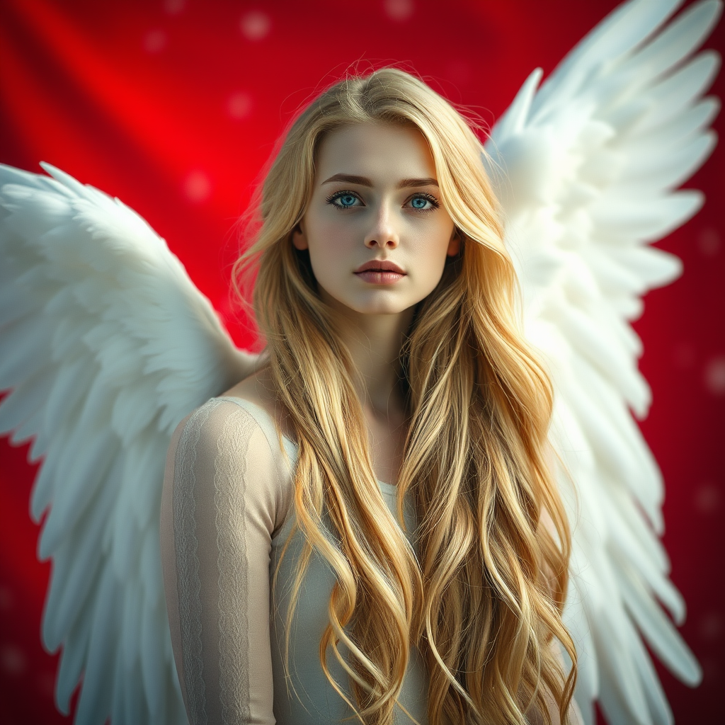 Create an ethereal portrait of a serene angelic figure with long flowing blonde hair and large white wings, surrounded by a radiant red background with subtle snowflakes, captured with a Canon EOS R5 at f/1.4, ISO 100, 50mm lens, with soft natural lighting and a shallow depth of field for enhanced focus on the subject.