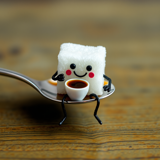 A sugar cube with a face and legs, sitting on a spoon and sipping a tiny cup of coffee.