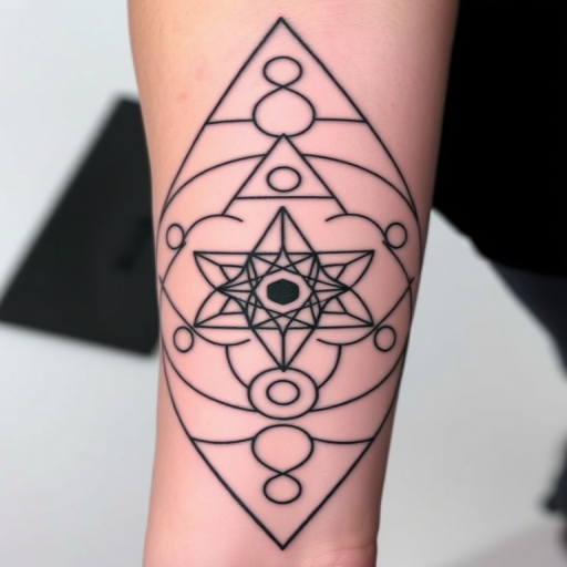 Minimalist geometric blackwork tattoo called "Sacred Symmetry" showcasing clean precise lines forming intricate patterns of interlocking triangles circles and hexagons arranged in perfect symmetry creating a mesmerizing optical illusion effect with bold solid black ink contrasting sharply against the skin's natural tone emphasizing the stark simplicity and mathematical precision of the design
