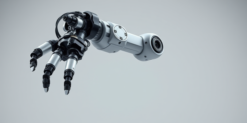 Create a highly detailed 3D render of an industrial robotic arm, focusing on its intricate components and joints, shot with a Canon EOS R5, 50mm lens, aperture f/1.8, ISO 100, at a low angle for a dramatic effect, using soft lighting to enhance textures, with a plain background for contrast.