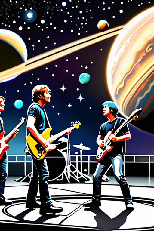 Rock band, playing in space, planets behind them.