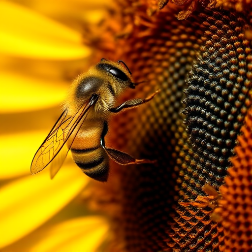 macro shot of a bee on a sunflower, f/2.8 aperture, ISO 100, 90mm lens, 1/250s shutter speed, natural sunlight, shallow depth of field, high detail, vibrant colors, DSLR camera