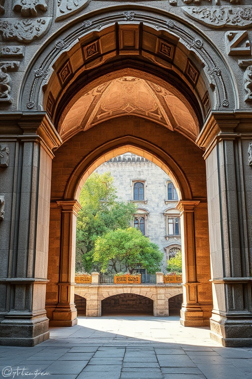 Capture a detailed photo of a stone archway with intricate carvings, using a DSLR camera set to f/8, 1/125s, ISO 100, wide-angle view, natural lighting, and a slight tilt for artistic effect.