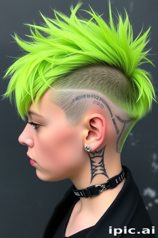 Edgy undercut with long, neon green top layers styled in tousled spikes, featuring shaved patterns on the sides in the rebellious "Cyber Punk" haircut