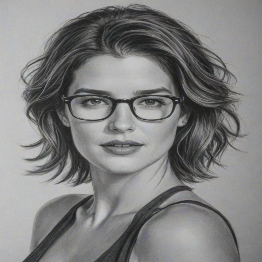 Ravishing Cobie Smulders, pencil sketch, portrait of Alluring woman 1975s in glasses, hair style beatnik, outline, clear lines, fine lines, 8k