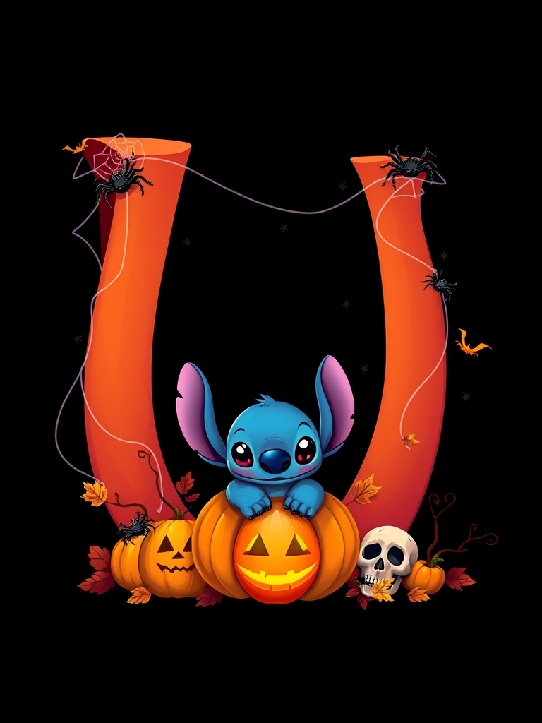 A whimsical and vibrant Halloween-themed digital illustration featuring the letter "U" adorned with spider webs, small bats, and cute spiders. At the base of the letter, a playful alien character similar to Stitch is peeking out from inside a carved pumpkin with glowing eyes, surrounded by additional pumpkins, a small skull, and autumn leaves. The letter is gradient-colored from orange to purple, adding a magical atmosphere to the scene, black background