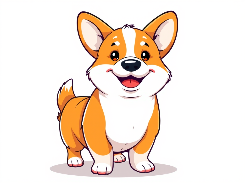 create a vector illustration of a cute corgi standing with a cheerful expression, bright orange and white fur, colorful cartoon style, use a 50mm lens, f/2.8 aperture, ISO 100, soft diffused lighting, sharp focus on the corgi, vivid colors with a simple light background