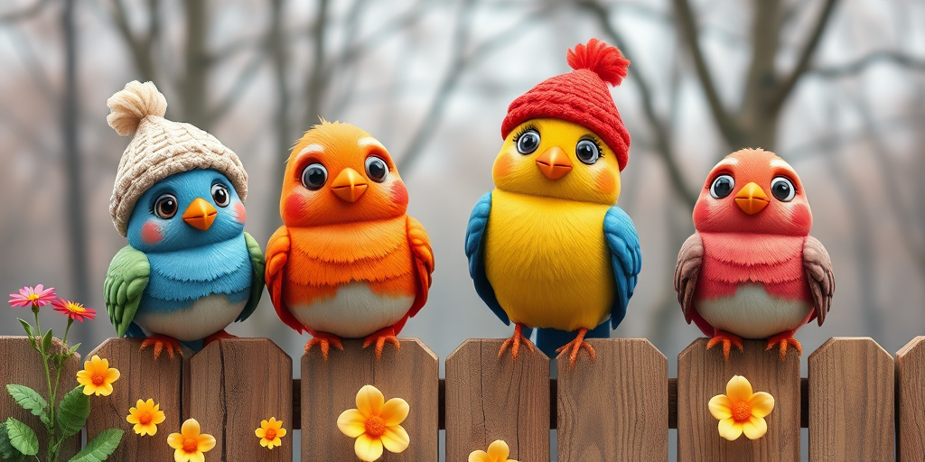 create a scene of 4 quirky  whimsical colourful comical birds each with a funny expression. they are sat on a wooden fence with colourful flowers. they are all different sizes. each one is a different colour  one is wearing a woolly hat. Each one has a different quirky google expression and there is a muted background of trees watercolour paintierly style high definition 8k resolution 3D paper mache