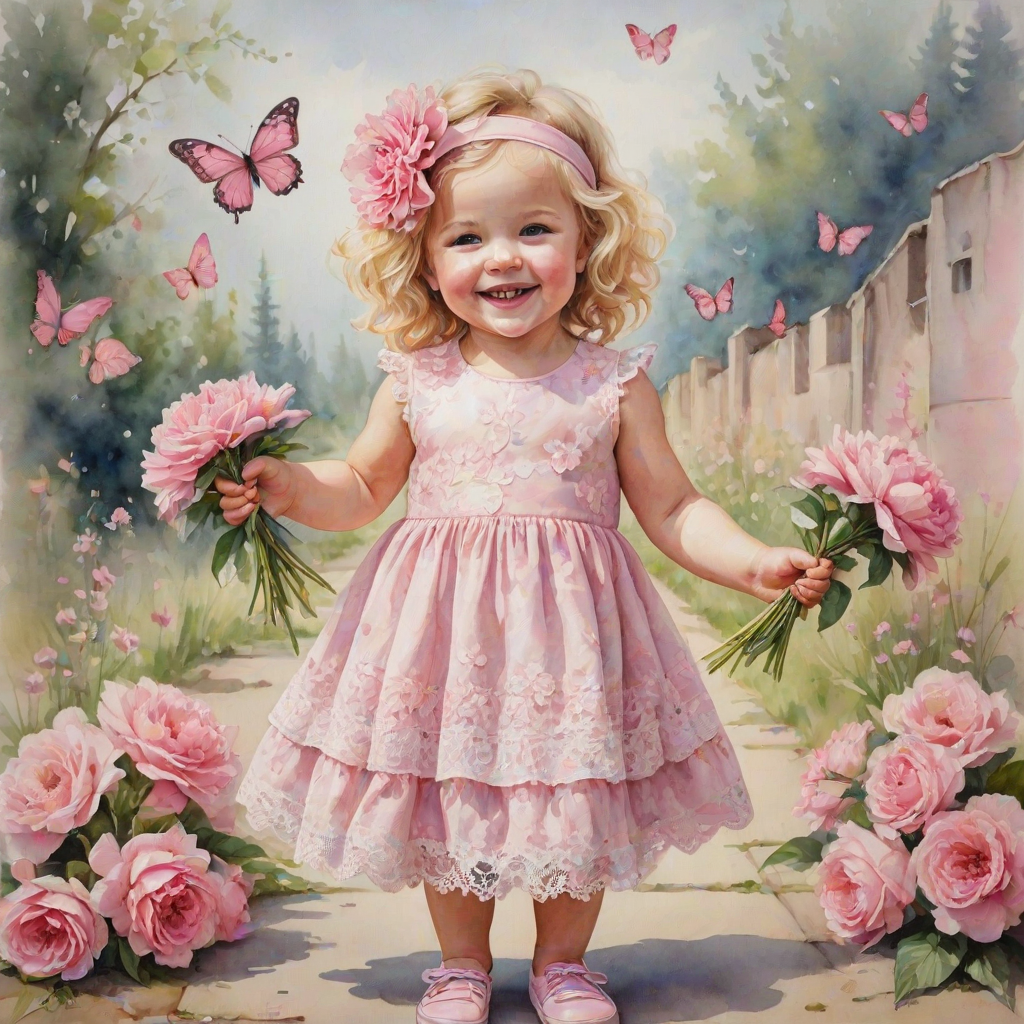 hyperrealism happy smiling toddler girl with messy wavy blonde hair with a headband, she is wearing a pink and white lace dress with pink and white shoes, she is holding a pink bouquet of flowers. Pink flowers and butterflies. summer background. Watercolor Highly detailed