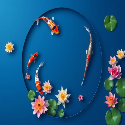 Generate an illustration of a circular frame featuring colorful koi fish and blooming water lilies on a solid blue background, using a DSLR camera with a 50mm lens, aperture set to f/2.8, ISO 100, and a soft focus style to enhance image quality.