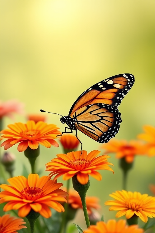 Generate an image of a butterfly perched on colorful flowers in a garden setting. The butterfly should have distinctive black and yellow markings, and the flowers should be vibrant, showcasing a mix of orange, pink, and yellow hues against a soft green background.