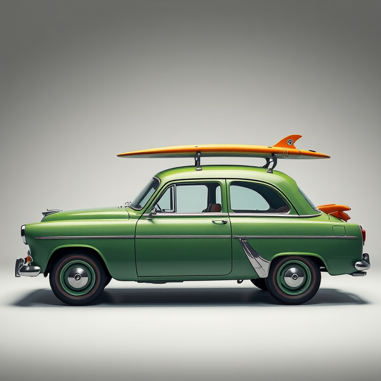 high-resolution illustration of a vintage green car with surfboards on the roof, side view, studio lighting, captured with a DSLR camera at f/4, ISO 100, 50mm lens