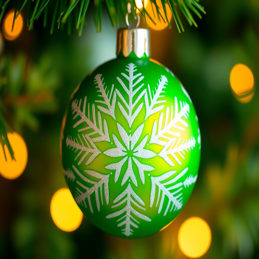 create a vibrant green Christmas ornament with intricate white snowflake patterns, shot with a DSLR camera at f/2.8 aperture, 1/60 shutter speed, ISO 200, using a close-up lens to capture fine details and a soft bokeh background.