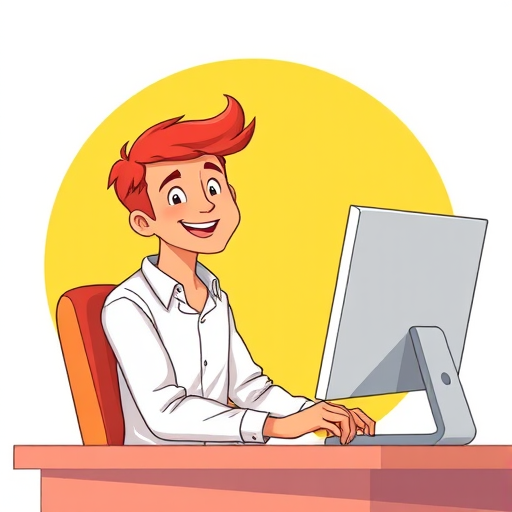 Create a vibrant digital illustration of a cheerful young man with red hair sitting at a desk working on a computer, with a bright yellow circular background, using a 50mm lens at f/2.8, ISO 100, and soft lighting for a clean, modern look.