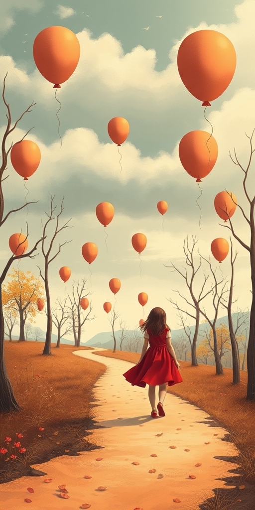Create an illustration of a young girl in a red dress standing on a winding path in a surreal, autumn landscape filled with balloons and barren trees under a cloudy sky, using a Canon EOS R5 with a 50mm lens, aperture set to f/1.8, ISO 200, soft focus style, and a warm color palette for an ethereal atmosphere.
