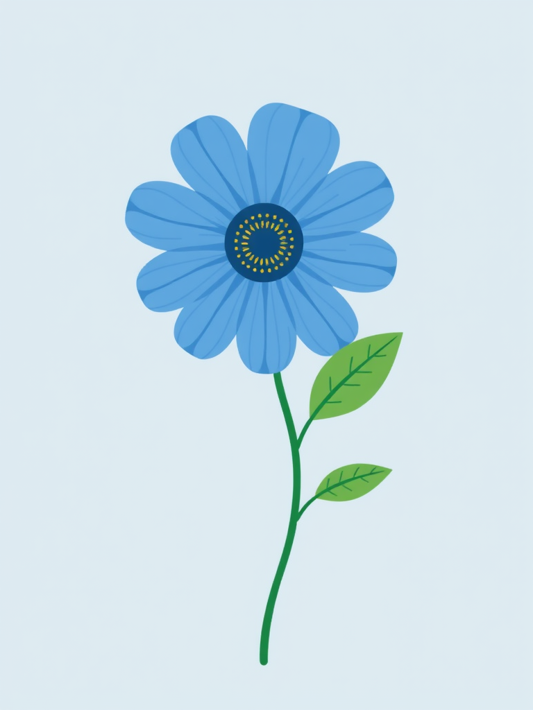 a simple blue flower with a textured center and green leaves on a slender stem, illustrated in a flat design style