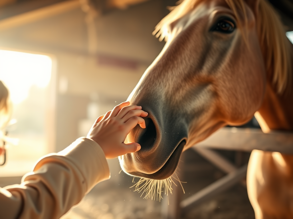 Softly focused image of a child's hand reaching out to touch the nose of a large, gentle horse, soft sunlight filtering through the barn, with dust particles floating in the warm air.