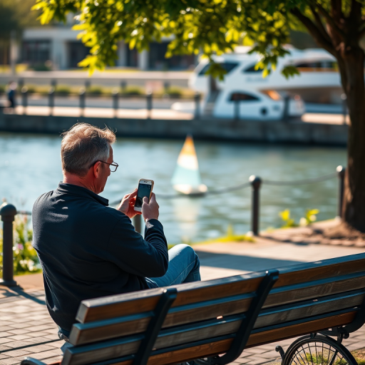 man sitting on a bench by the water using a smartphone, natural light, shallow depth of field, 50mm lens, f/2.8, ISO 100, 1/200s, taken with a DSLR camera, vibrant colors and sharp details