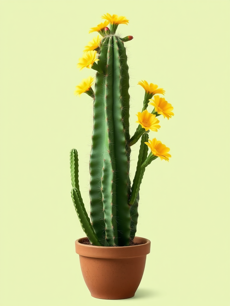 Create a high-resolution digital illustration of a tall cactus with yellow flowers in a brown pot, set against a solid light green background, using a DSLR camera with a 50mm lens, aperture f/2.8, ISO 100, and soft natural lighting to enhance color vibrancy and detail.