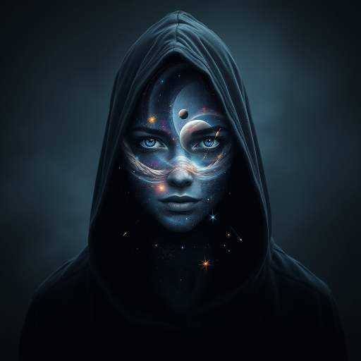 A mysterious hooded figure stands silently, the dark cloak flowing around them like shadows. Beneath the hood, their face is a mesmerizing cosmic scene where swirling galaxies, radiant stars, and vibrant planets form the features. Nebulas drift where eyes should be, glowing softly, while delicate streaks of cosmic energy trace the outlines of a nose and lips. Comets streak across the vastness of their face, and faint constellations pulse with life. The entire visage shifts and evolves as if the universe itself is contained within the figure, giving an ethereal, otherworldly presence to their form.