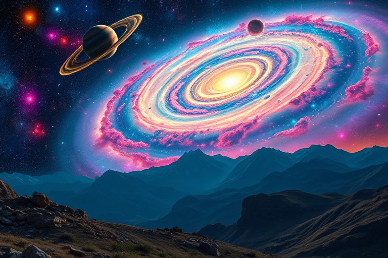 Create a vibrant cosmic scene featuring a swirling galaxy with vibrant planets and nebulae, emphasizing a distant mountain range with crystalline structures, captured with a DSLR camera at f/8, ISO 100, 24mm lens, shot from a low angle to enhance the depth of field and cosmic perspective.