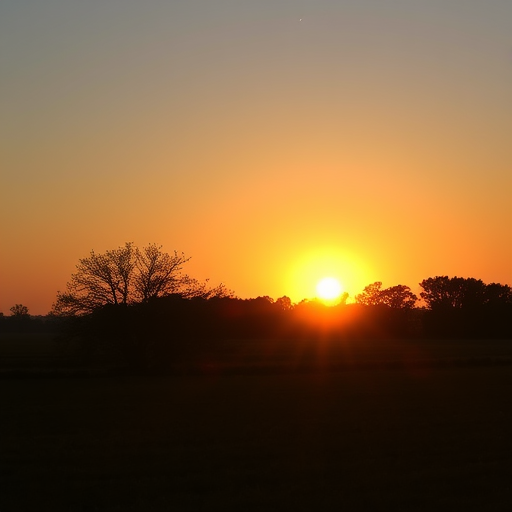 Landscape photograph of a sunset over a field with silhouetted trees in the background, captured with a Canon EOS 5D Mark IV, 24mm lens, aperture f/11, ISO 100, exposure time 1/125 sec, in golden hour lighting for enhanced image quality.