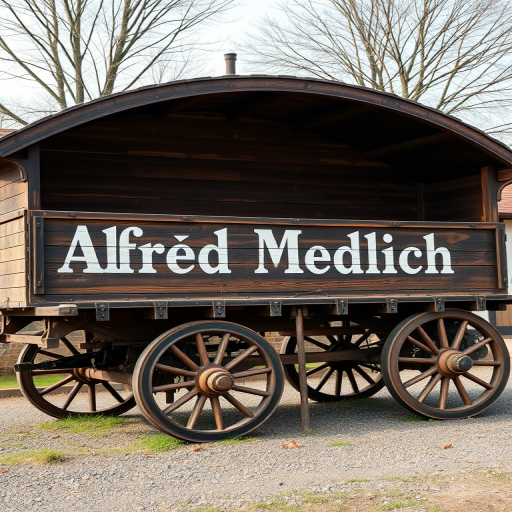 Create a high-resolution image of a vintage wooden transport wagon with a curved roof, displaying the faded text "Alfred Medlich" in white on the side, captured with a DSLR camera, 50mm lens, f/2.8 aperture, ISO 100, shot in natural light from a low angle to highlight texture and detail.