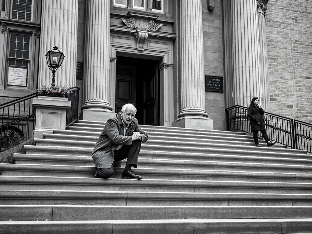 a black and white image of an elderly man kneeling on the steps of a historic building, with a contemporary figure standing nearby, captured with a DSLR camera at f/2.8 aperture, ISO 100, and a shutter speed of 1/250 sec, using a 50mm lens to enhance detail and depth of field, with a slight vignette effect for focus on the subject.