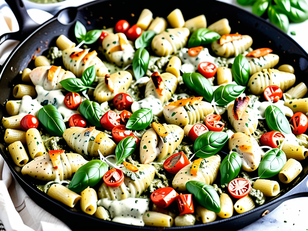 creamy pesto baked gnocchi & chicken skillet