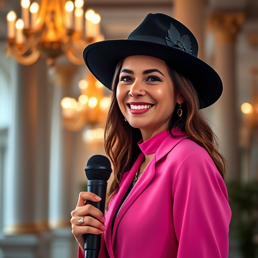 portrait of a woman wearing a stylish black hat and pink outfit, smiling while holding a microphone, captured in a beautifully decorated interior with elegant columns and chandeliers, using a Canon EOS R5, 85mm lens, aperture f/1.8, ISO 200, natural lighting, shallow depth of field for a dreamy background effect