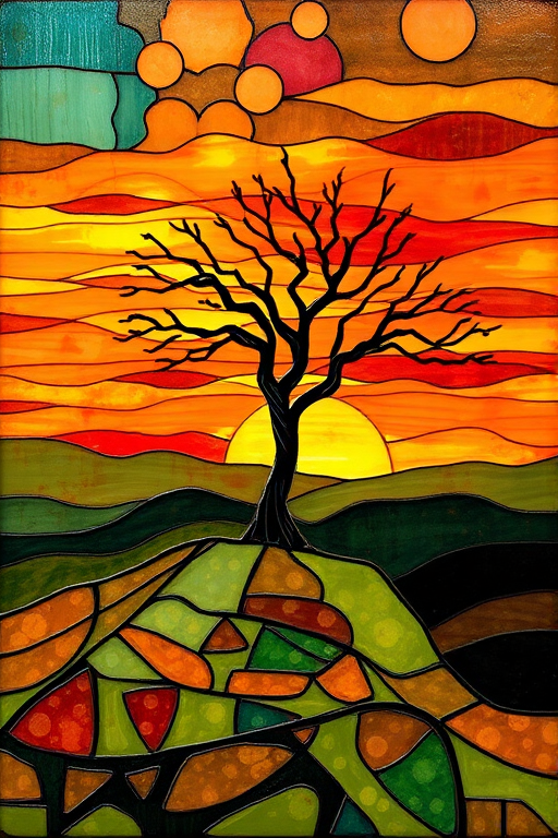 A vibrant abstract painting on Tiffany Glass, blending acrylic and alcohol ink techniques, captures a dramatic sunset over rolling hills. The artwork features a textured, rocky foreground in green and brown, layered abstract hills, and a striking sunset in rich oranges, yellows, and reds. A solitary black tree with intricate branches contrasts against the fiery sky, creating a dynamic and expressive portrayal of a breathtaking natural scene.