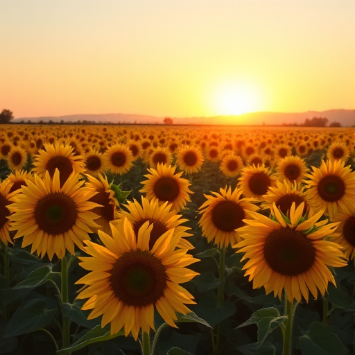 Sharp, high-contrast photo of a field of sunflowers stretching into the horizon, soft golden light from the setting sun casting long shadows, the smell of fresh blooms in the air, and the feeling of summer vibrancy.