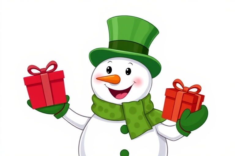 create a cartoon-style illustration of a cheerful snowman wearing a green top hat and a green spotted scarf, holding a red gift box in one hand, with a plain white background, shot with a digital camera at 50mm, f/2.8 aperture, 1/200 sec shutter speed, and ISO 100 for high clarity and vibrant colors.