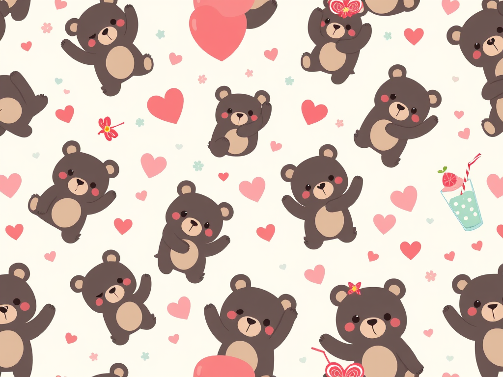 Create a cute and playful pattern featuring cartoon bear shapes in various poses surrounded by whimsical elements like hearts flowers and drinks in soft pastel colors with a glossy texture on a light background