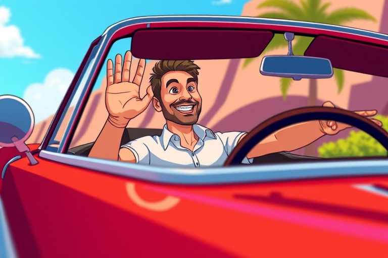 Create a vibrant cartoon illustration of a man in a convertible car waving, using a DSLR camera with an aperture of f/2.8, ISO 100, and a shutter speed of 1/500 sec, captured from a low angle to enhance perspective and color saturation.