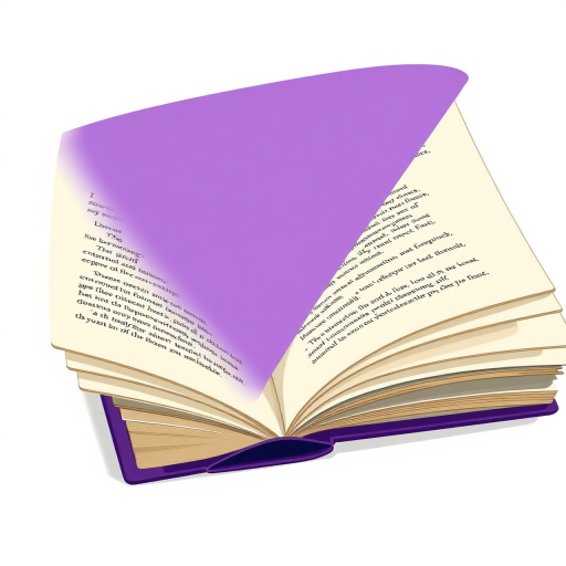 Create an illustration of an open book with purple cover, focus on the details of the pages and spine, shot with a Canon EOS R5, 50mm lens, f/1.8 aperture, 1/100s shutter speed, natural lighting, and a slight top-down angle for depth.