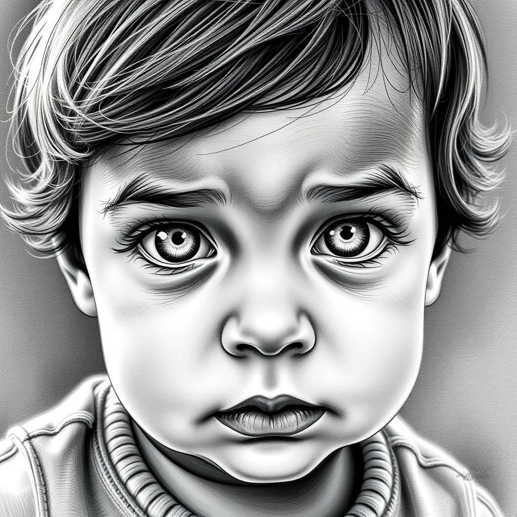 A hyperdetailed photorealistic black and white sketch of a beautiful toddler with deep white eyes, with a macro focus