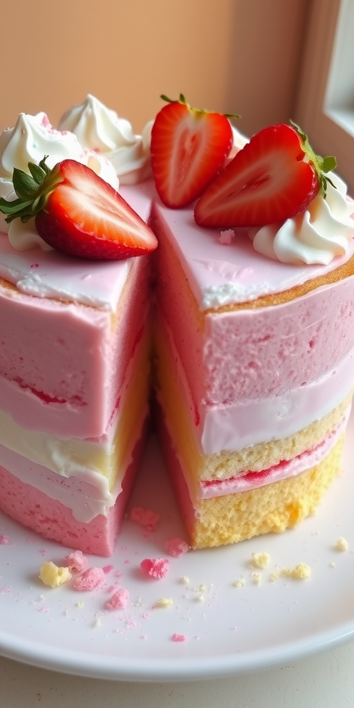 A delicious layered cake with pink and yellow sponge cake, topped with whipped cream and fresh strawberries, with crumbs scattered around on a white plate. The cake has a slice taken out, revealing its layers inside, and there is a warm light in the background.