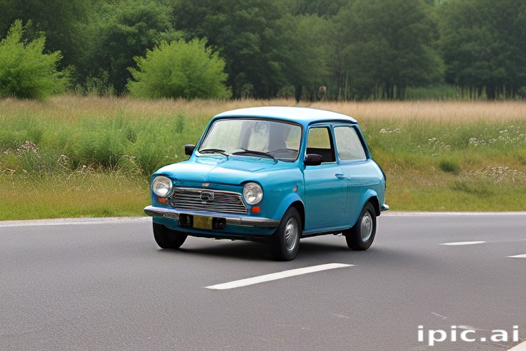 A Charming Vintage Blue Car Driving on a Scenic Country Road.