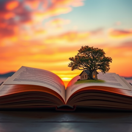 Create an image of an open book with pages forming a landscape, featuring a tree and a house in a vibrant sunset setting, captured with a DSLR camera at f/8 aperture, 50mm lens, ISO 100, and soft lighting for enhanced depth and clarity.