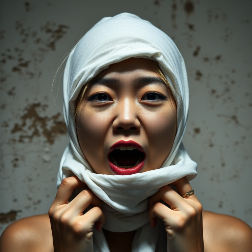 Create a close-up photographic image of a Asian woman with light skin tones shown against an old, worn wall. Their head is wrapped in a white cloth covering (i.e.... parts of the head except the nose and mouth, which are open as if they are screaming...), with a slight texture and visible folds in the fabric. Thin strands of blonde hair escape from the wrapping above, falling lightly at the top and sides. Their hands hold the fabric as if they are tugging nervously. The lighting is dramatic and even, casting strong shadows. The image has a minimalist and surreal style with an emphasis on simplicity with soft color tones. The composition is centered.