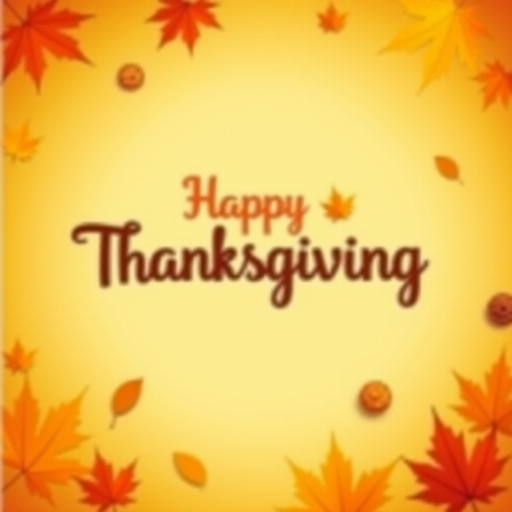 Create a warm and festive autumn-themed image with a gradient background of orange and yellow hues. Include a variety of falling leaves in shades of red, orange, and brown. In the center, display the text "Happy Thanksgiving" in a stylish and inviting font, using a dark brown color for contrast. Add subtle decorative elements like pine cones and additional leaves for a cozy, seasonal feel.